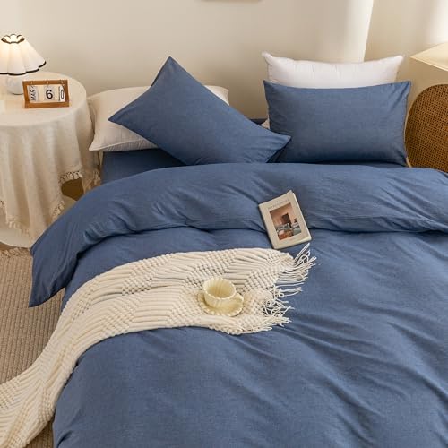 Image of ECOCOTT Denim Blue Duvet Cover Queen Size, 100% Washed Cotton 1 Duvet Cover with Zipper and 2 Pillowcases, Ultra Soft and Easy Care Breathable Cozy Bedding Set (Denim Blue, Queen)