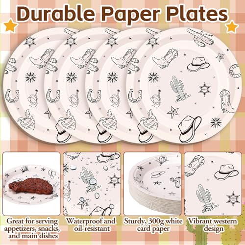 Image of Qinyoung 100 Pcs Western Cowboy Paper Plates and Napkins, Decorations | Disposable Paper Tableware Set for Cowboy Rodeo Theme Party, Western Birthday Decorations, Outdoor Wedding
