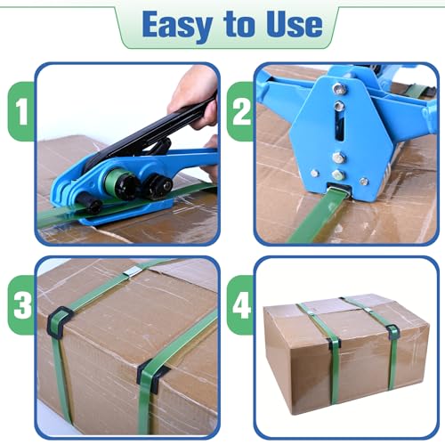 Image of MYFAMIREA Banding Packaging Pallet Strapping Kit Poly Strapping Tensioner Tool, Banding Sealer Tool, 1772 FT Banding, 400 Metal Seals Seals, 200 Packaging Corner, 200 Perforated Wrapping Corner (Blue)