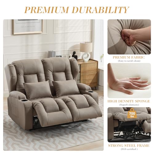 Image of Loveseat Recliner Sofa,RV Wall Hugger Recliners for Small Spaces,Reclining Loveseat Sofa Recliner with Cup Holders /Lumbar Pillows,RV Furniture (Khaki, 56 inch 2-Seater)