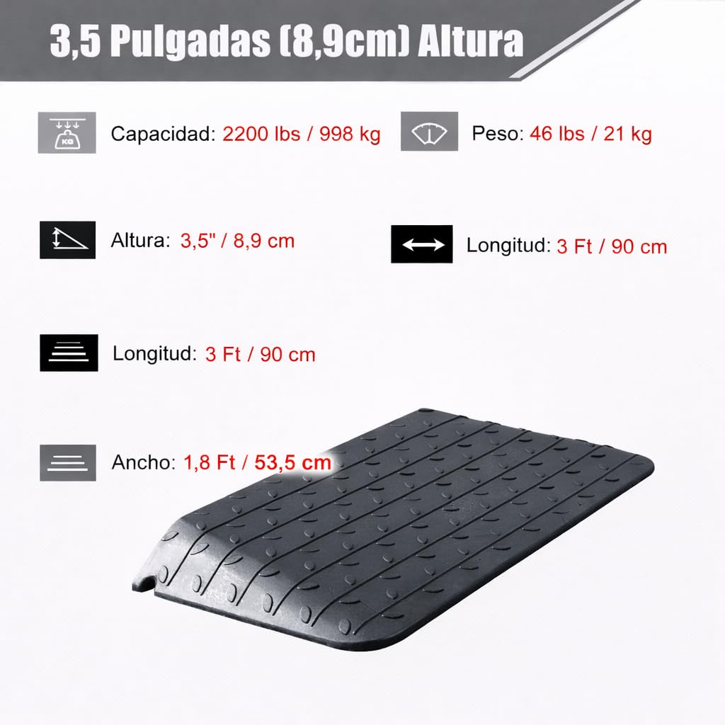 Rampa Antideslizante de Goma para umbral de Puerta con Capacidad de Carga de 998 kg, Rampa Pesada para Bordillo para Sillas de Ruedas, Motocicletas y Tráfico Peatonal (8.9cm H, Piezas, 1)