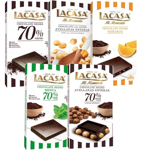 Lacasa pack 5 tabletas de chocolate:leche avellanas , naranja chocolate negro ,negro 100g , menta y chocolate , avellana 200g