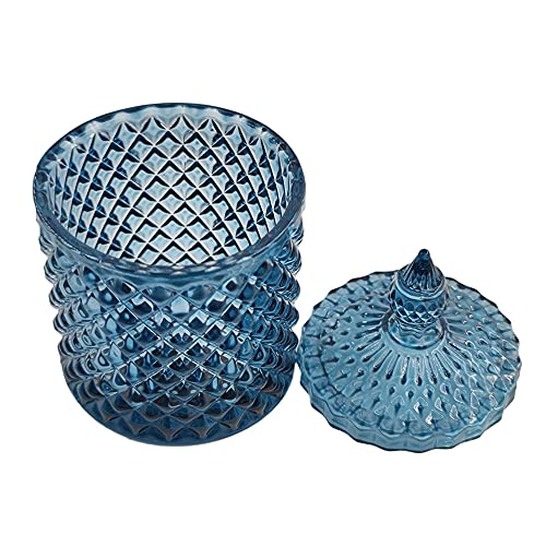 Sizikato Diamond Faceted Crystal Glass Candy Jar With Lid, Blue Decorative Jar, Jewelry Box, Cotton Swab Storage Holder. #TOP2
