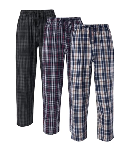 DAVID ARCHY Mens Pajama Pants Soft Cotton Plaid Sleepwear, Comfy Lounge Woven Pajamas Bottoms PJ Pant for Men, 3 pack