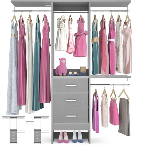 Besiost 4FT Small Closet System with 3 Fabric Drawers, 48'' Closet Organizer System With 3 Adjustable Shelves, Flexible Built-In Clothes Garment Rack for Small Space, 48" L x 13" W x 71" H, Grey
