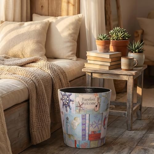Image of PU Leather Small Trash Can Wastebasket, Round Garbage Container Basket for Bathrooms, Laundry Room, Kitchens, Offices, Kids Rooms, Bedrooms,Home Decorative Art Bin, 2.9 Gallon (Nautical Beach)
