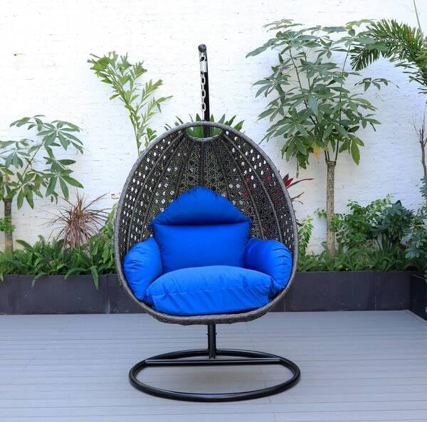 Single Seater Swing Chair with Stand & Cushion Outdoor Indoor Balcony Garden Patio,Powder Coated Iron Frame,Uv Protected Wicker (Brown-Blue)-image-5