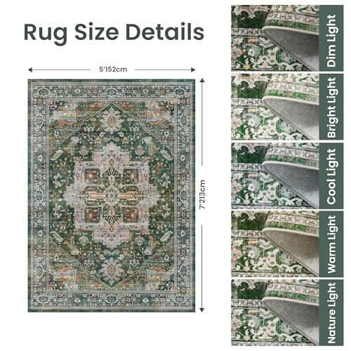 Rugland 5x7 Area Rugs - Stain Resistant Washable Rug, Anti Slip Rugs for Living Room, Vintage Tribal Area Rugs(Medallion 01-Green/Grey, 5'x7')
