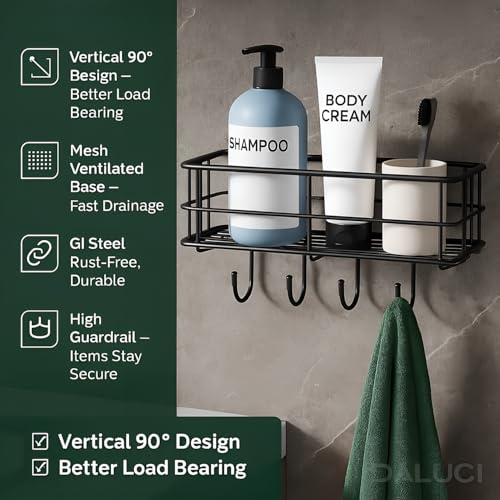 Image of DALUCI Bathroom Organiser Without Drill Self Adhesive Bathroom Shelf for Wall GI Steel Powder Coated Rustproof Bathroom Rack Stand for Shampoo Toiletries Heavy Duty (Black, Pack of 1)