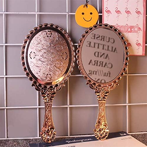 AKOAK 1 Pack Creative Retro Pattern Handle Makeup Mirror Portable Carry-on Lace Mirror Hand-held Mirror Makeup Tool (Rose Gold)