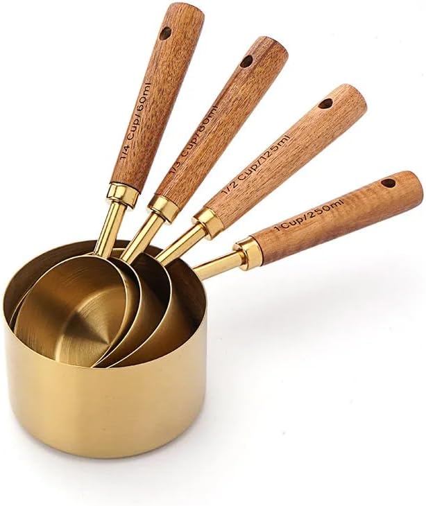 4/8Pcs Golden Measuring Cup Set and Measuring Spoon Golden with Aromatic Wood Handle Full Set of Measuring Cups and Spoons (Silvery 8PCS-Box)