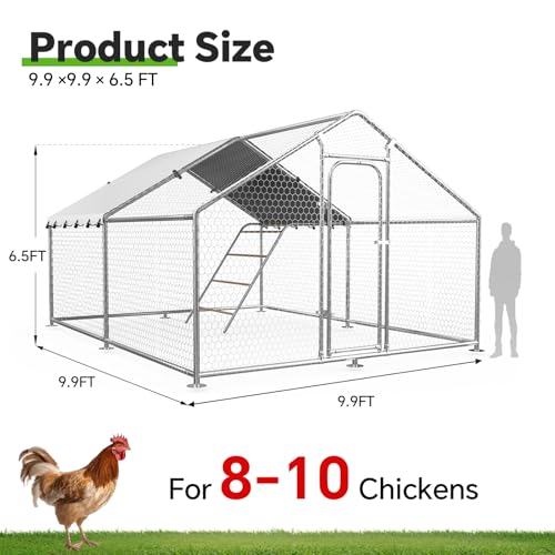 Image of 9.9x9.9 FT Large Metal Chicken Coop, Walk-in Poultry Run Enclosure