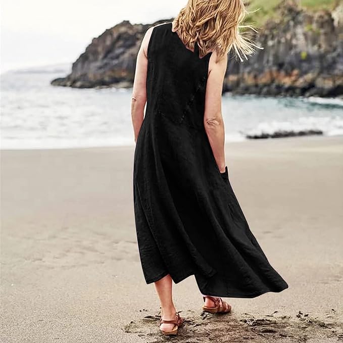 Image of Apvirdy Linen Dress for Women Summer Sleeveless Solid Casual Baggy Flowy Maxi Dresses with Pockets