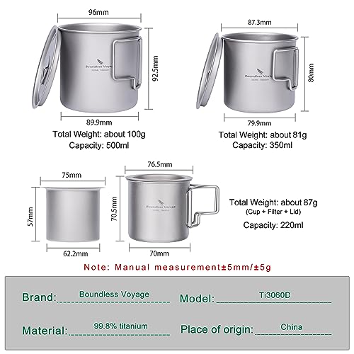 Boundless Voyage Camping Mug Titanium Single Layer Tea Coffee Cup Ultralight Outdoor Travel Portable Drinkware 220ml 350ml 500ml (Ti3060D-3 in 1 Set) - Image 2