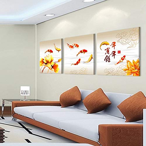Peinture Calligraphie Chinoise de Carpe Koi Rouge sur Toile Premium 3 Pièces