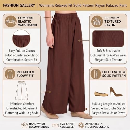 Image of FASHION GALLERY Women's Solid Rayon Palazzo Pants | Relaxed Fit Full Length Wide Leg Palazzo | Elastic Waist Comfortable Casual Lounge Office Ethnic Flared Trousers for Women