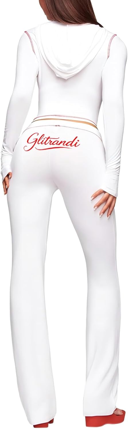 Glitrandi Womens 2 Piece Outfits Cropped Hoodie Workout Top & Bottom Lightweight Athletic Clothing Set