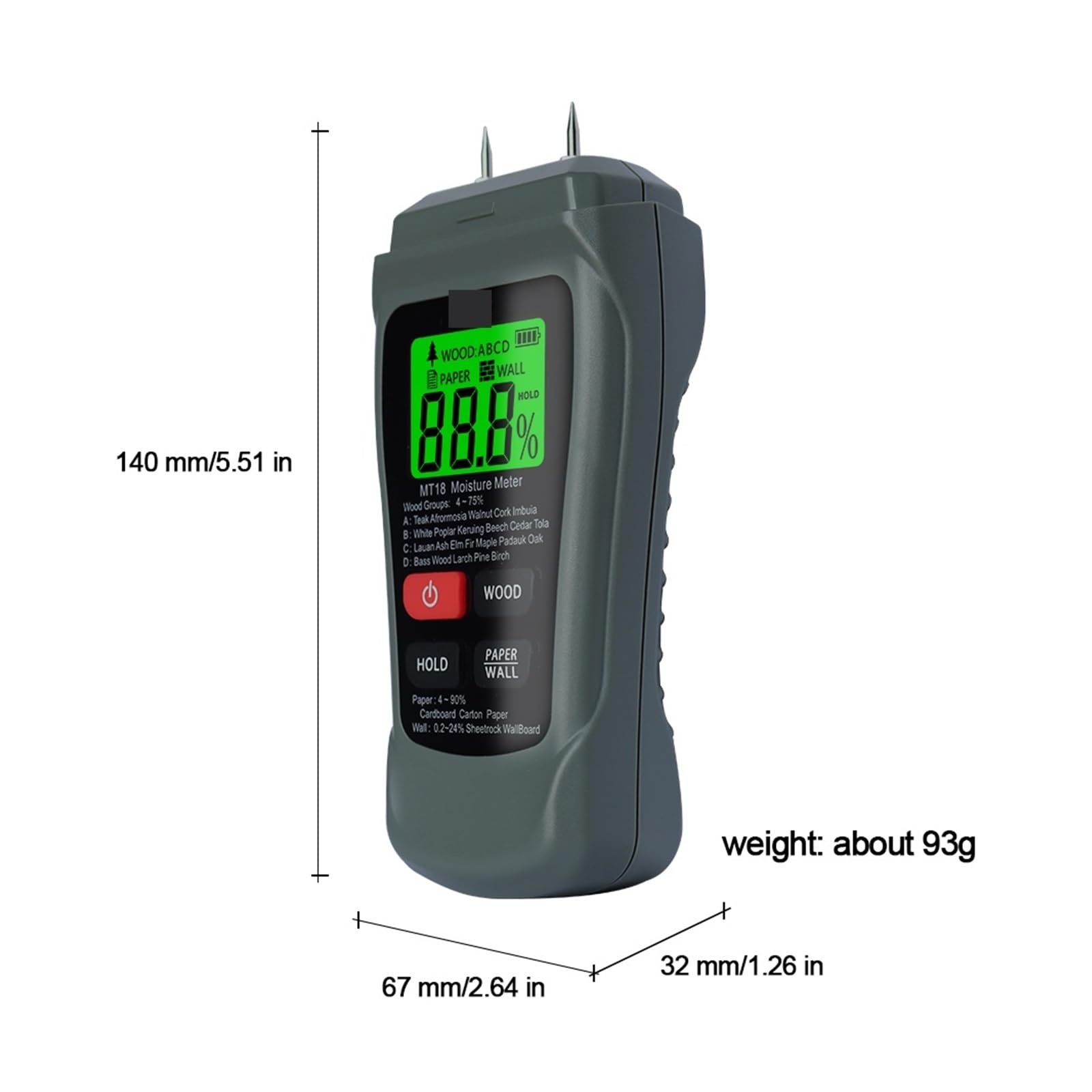 Grigio 0-99,9% Misuratore Digitale Di Umidità Del Legno A Due Pin Tester A Carta Igrometro Da Parete Rilevatore Legname Semplice da usare