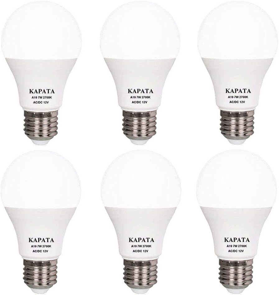 12V A19 LED Light Bulb Soft White 2700K 60 Watt Halogen Equivalent A19 Bulbs E26 Screw Base , for RV , Boat , Camping , Outdoor Solar Powered Lighting , Off Grid Lighting Application , 6-Pack