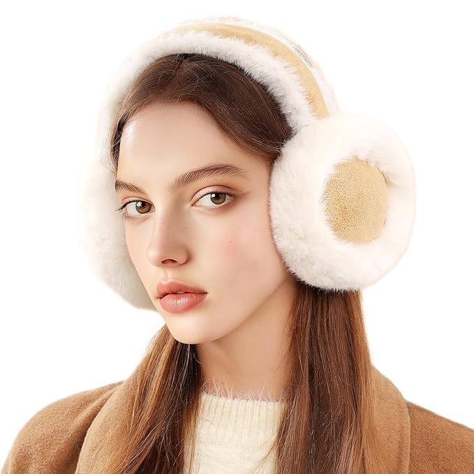 Image of Alexvyan Foldable Beige Dual Color Winter Ear Muffs Ear Warmers for Girls Boys Warm Earmuffs Soft Fur Cold Protection Earband Ear Protection Winter Women & Men - Outdoor Running Cycling Bike