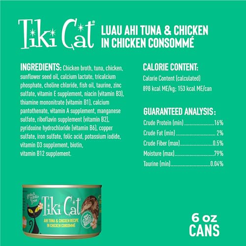 Image of Tiki Cat Luau Shredded Meat, Ahi Tuna & Chicken Recipe in Chicken Consumme, Grain-Free Balanced Nutrition Wet Canned Cat Food, For All Life Stages, 6 oz. Can (8 Count)