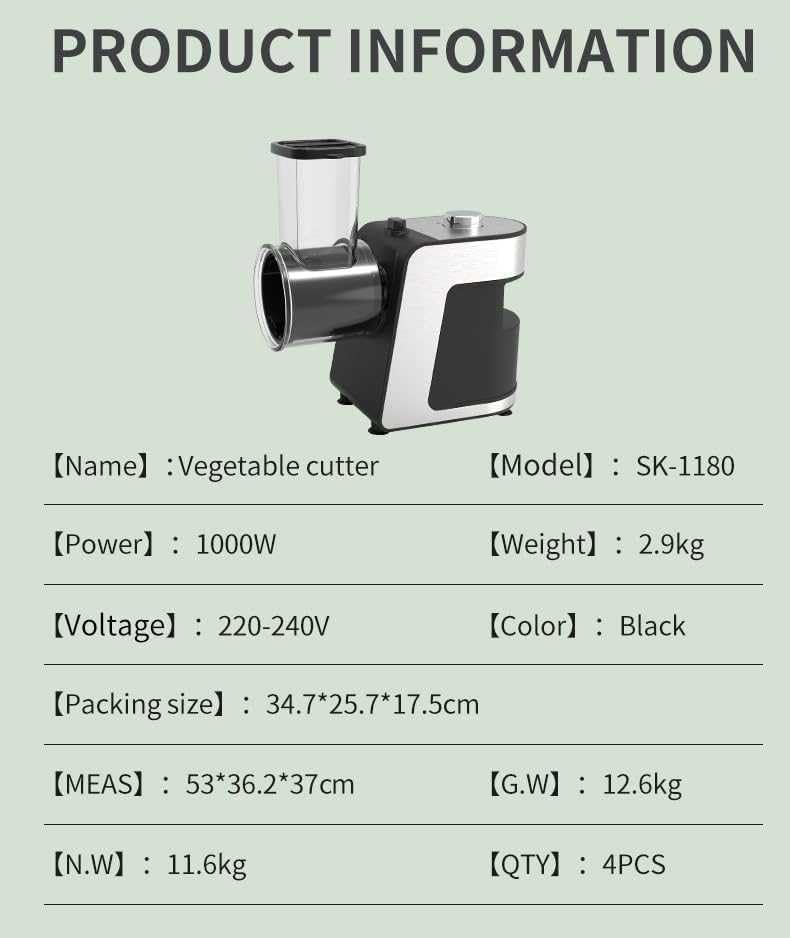 Râpe à fromage électrique 1000 W et coupe-légumes – Machine à salade multiple avec 5 cônes interchangeables pour fromage, concombre, carotte – Idéal pour déchiqueteuse de fruits et légumes