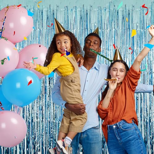Image of Blue Streamers Party Decorations 3.3x8.2ft 2 Pack Light Blue Tinsel Foil Fringe Curtain Backdrop Ocean Themed Party Decor Photo Booth Props for Birthday Baby Shower Bachelorette Door Hanging Wedding