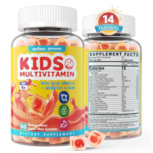 Kids Multivitamin Gummies with Iron, Sugar Free, Kids Daily Vitamins + Probiotics, Algae Omega 3 (EPA/DHA), A, C, D, Methyl B12, Folate, B6, Zinc, Biotin, for Healthy Growth, Immune Support, 60 Count