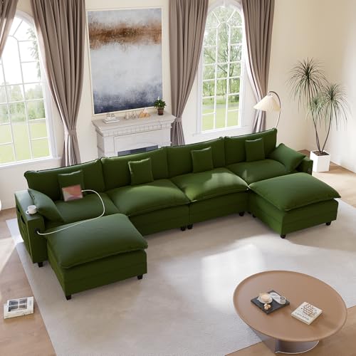Image of KCGKCG 152 inch Modular Sectional Sofa, U Shaped Cloud Couch with Movable Ottoman, Chenille Deep Seat Cloud Sofa with Charging Station, Cup Holder, Side Pocket, Sectional Couches for Living Room, Green
