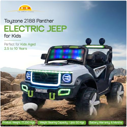 Image of Toyzone Panther Electric Jeep (White) | 12V Rechargeable Ride on with 5Ah Battery | Music Player with BT, USB & AUX | Smooth Acceleration | 6M Battery Warranty | Age 3-10 Years, Upto 50 kg