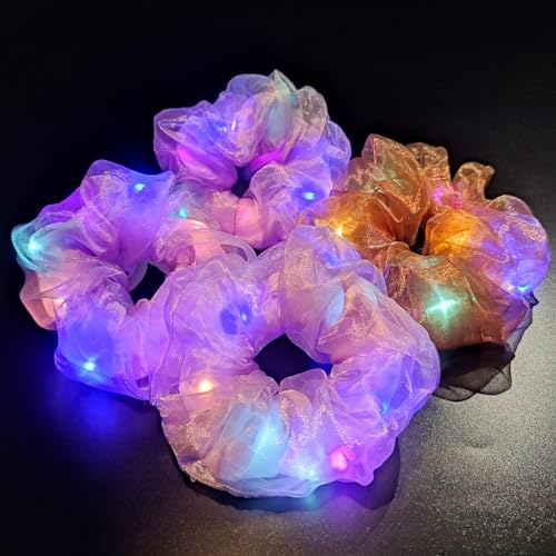 Light Up Scrunchies, Gifts Scrunchy Hair Ties Glow in the Dark Party Supplies Glow Sticks Party Favor Festival Rave Accessories for Neon Party, Fun Hair Scrunchies (4Pcs-Purple+brown)