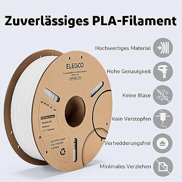 ELEGOO PLA Filament 1,75 мм белый 1 кг, точность размеров 3D нити +/- 0,02 мм, картонная катушка 1 кг, материал для 3D печати подходит для большинства FDM 3D принтеров