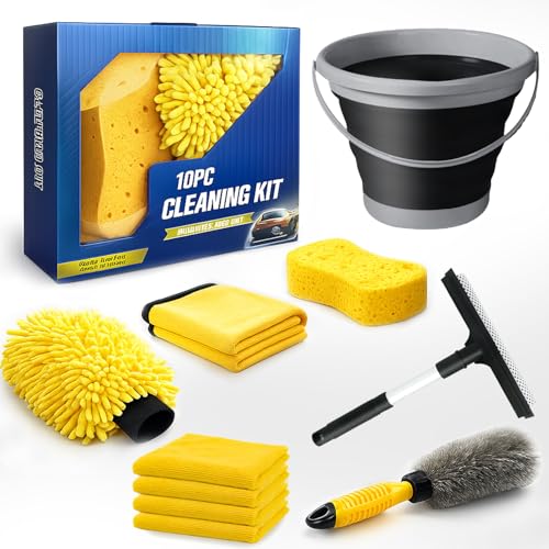 10Pcs Car Wash Detailing Kit Cleaning Kits,with Collapsible Bucket Wash Mitt Sponge Terry Towels Wheel Brush Window Scraper Coral Velvet Towel, Car Cleaning Tools Kit for Interior, Exterior, Wheels