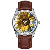 Montres de luxe pour homme - Montre à quartz en cuir marron - Montre de sport de Noël pour homme Californie, A Mammoth Tournesol (Hélianthus) - 2 montres