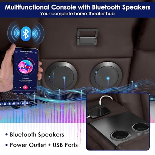 Image of Redlife Power Loveseat Recliner Sofa with Console, PU Leather Dual Reclining Couch with Blue LED Lights, Bluetooth Speakers, USB Ports, Phone Holders, Home Theater & RV Recliner (Brown)