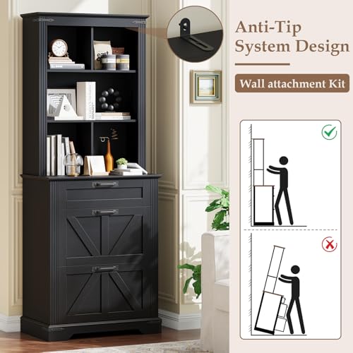 Image of Vabches Farmhouse Bookshelf with 3 Large Drawers, 70 inch Tall Bookcase with 5-Cube Storage Organizer, 3 Tier Wood Display Storage Cabinet for Home Office, Living Room, Rustic Black
