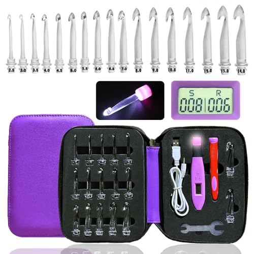 Knitiss Crochet Hooks Light up Crochet Hook Set 17 Sizes Digital Crochet Hooks with Counter Plasic Interchangeable Heads 2.50~14.0mm