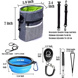 Dog treat pouch with built in poop bag dispenser and poop bagsdog training kit with dog leashdog clickerdog whistlecollapsible dog bowlideal for dog walking dog training grey   cucciolini doodles