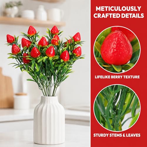 Image of DOITOOL 9 Pcs Artificial Strawberries for Decor, 11.8 inch Fake Strawberry Branches Flowers Bouquet Vivid Faux Strawberry Stems for Home Vase Table Centerpiece Spring Summer Decor