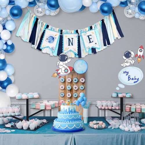 Image of Kriyokiaa 1st Birthday Outer Space High Chair Banner, First Trip Around the Sun Boy First Birthday Party Decor, Astronaut Rocket Space Theme High Chair ONE Banner