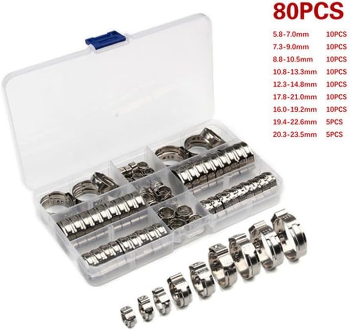 80pcs Stainless Steel Ear Stepless Clamp Worm Drive Fuel Water Hose Pipe Clamps Clips Cinch Clamp Rings Crimping Tool Kit