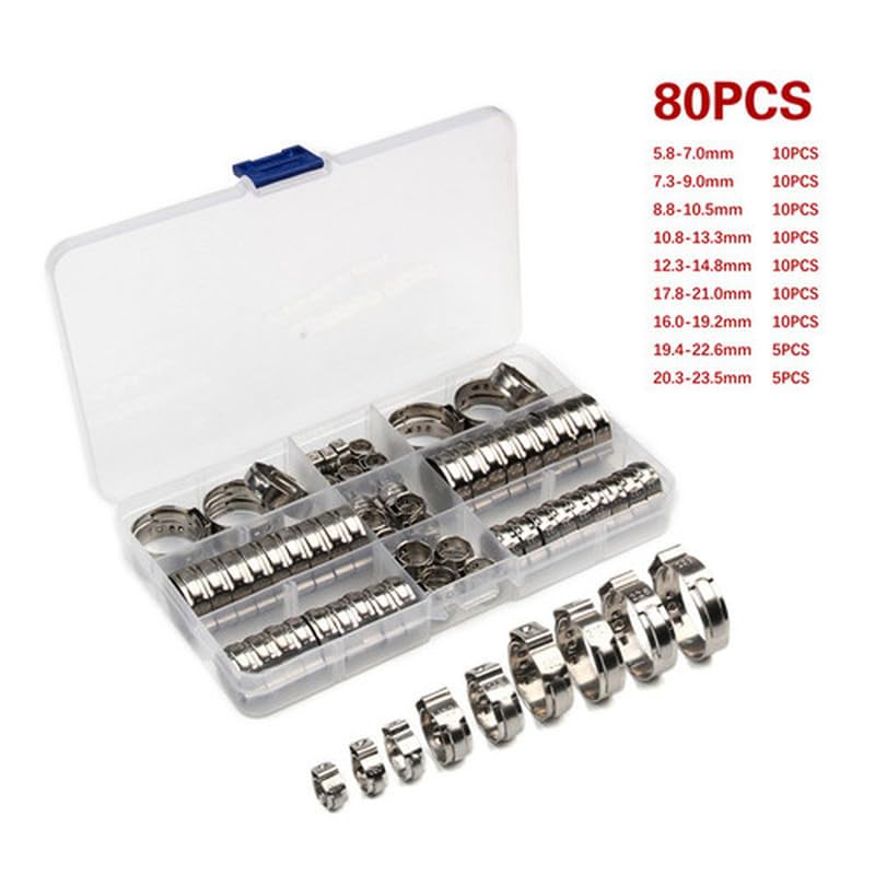 80pcs Stainless Steel Ear Stepless Clamps Worm Drive Fuel Water Hose Pipe Clamps Clips Cinch Clamps Rings Crimping Tool Kit