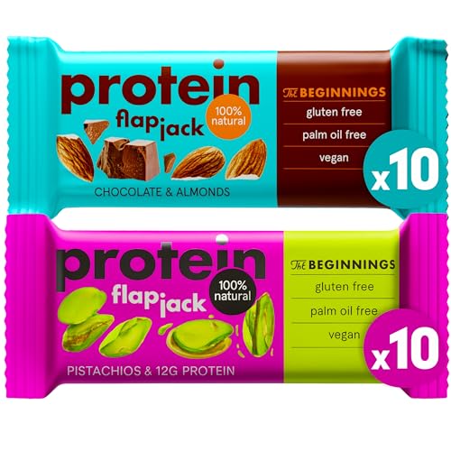 The BEGINNINGS Barritas proteicas de avena Flapjack Caja surtida 2 sabores x 10 barritas – 20 x 60 g (1,2 kg) – veganas, sin gluten – proteína de origen vegetal – snack energético natural