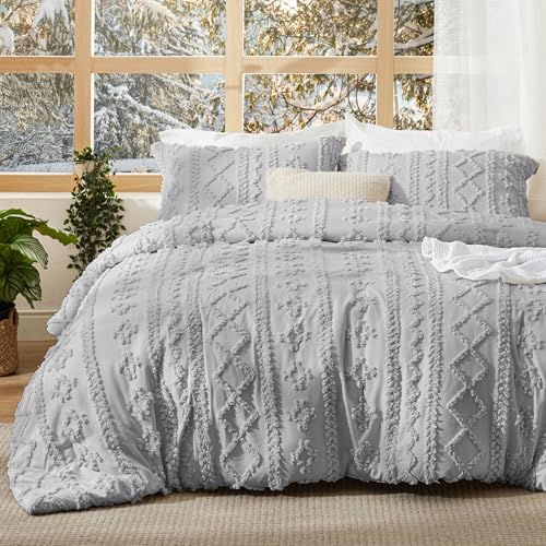 Image of Bedsure Tufted Boho Comforter Set King Size - Light Grey Boho Bed Set, GentleSoft 3 Pieces Farmhouse-Style Embroidery Bedding, Gifts for Woman, Soft Jacquard Kids' King Comforter for All Seasons