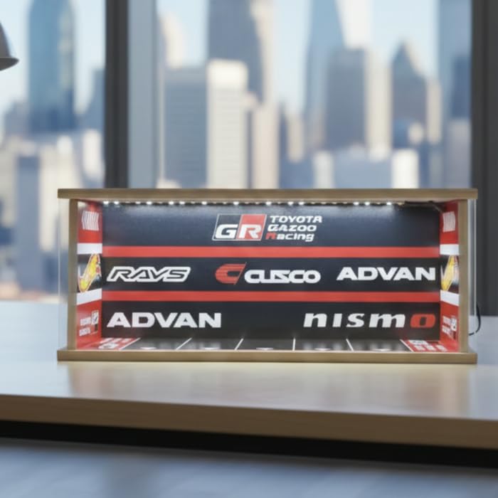 Image of Art Monk Premium LED Luxury Car Diorama Display Case ? Toyota GR Racing Garage Theme | Wooden Frame Diecast Model Car Display Box | Dustproof Collector Showcase