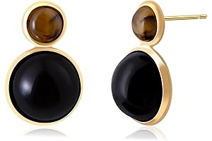 Gold Stone Tiger Eye Obsidian Double Stud Earrings