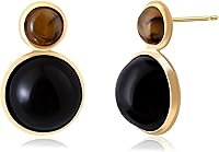 14K Gold Plated Tiger Eye & Obsidian Stud Earrings for Women - Natural Brown Black Gemstone Double Round Hoops Gift