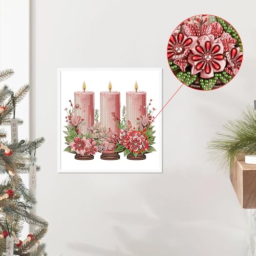 Image of 5D Special Shape Diamond Art Kit for Beginners, Christmas Diamond Art Painting Kits for Adults, Crystal Rhinestones Diamond Painting for Home Wall Christmas Decoration Gift 11.8x11.8 inch, Pink Candle