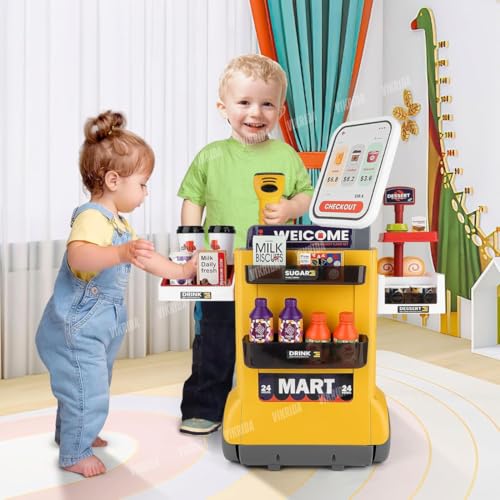 Image of VikriDA 46-Piece Pretend Play Cash Register Set with Water Outlet, Calculator, Scanner, Credit Cards, Coffee Machine & Play Food - Yellow