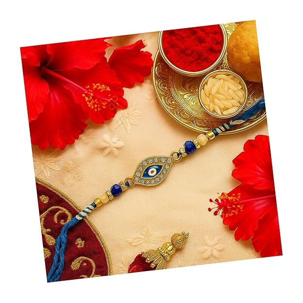 Image of PRINT BHARAT Rakhi for Brother with Coaster, Kumkum & Chawal | Traditional Beaded Thread Rakhi with Royal Kalai Thread | Raksha Bandhan Gift Hamper
